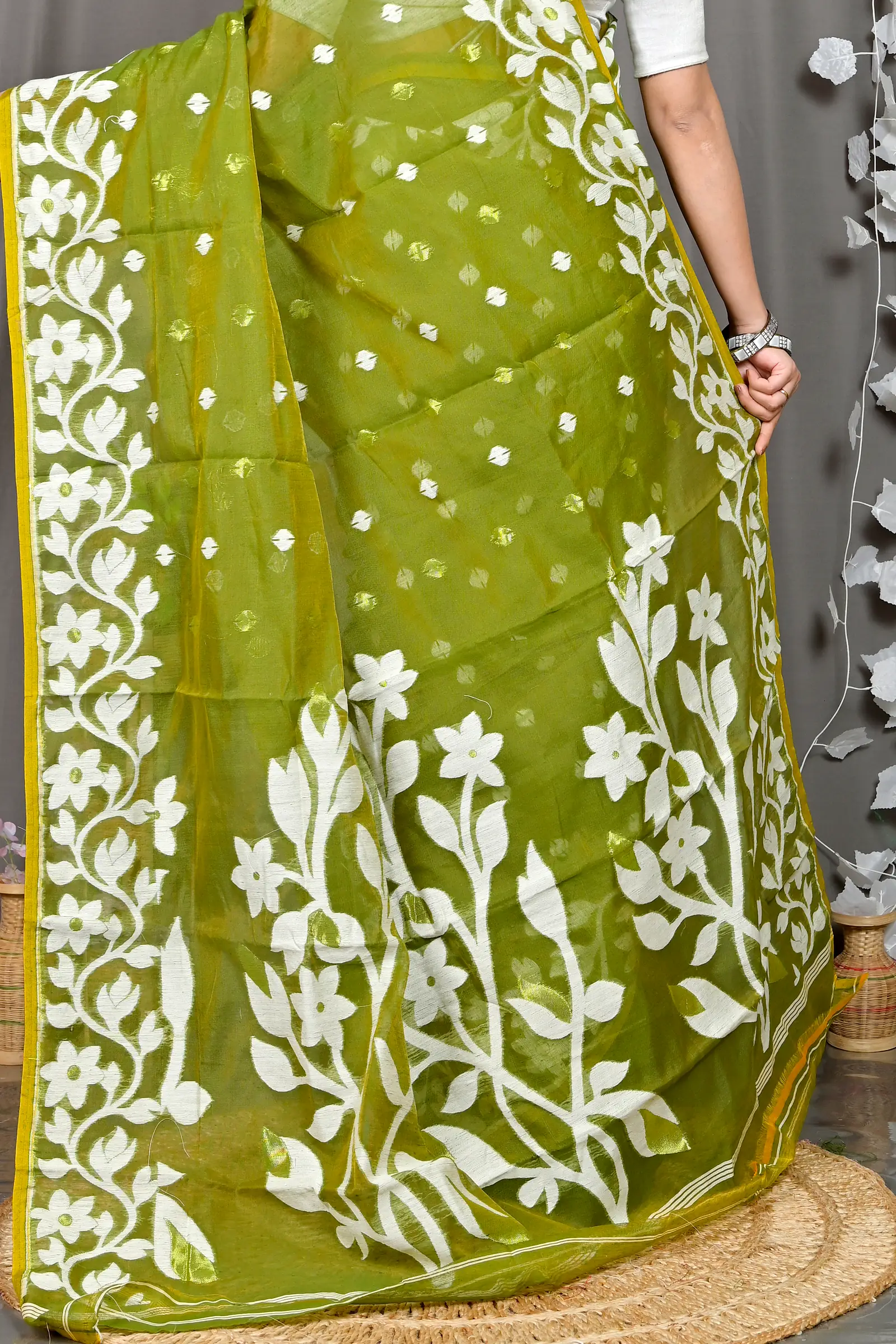 Dark Green Cotton Blended Parinit Jamdani Saree (343)
